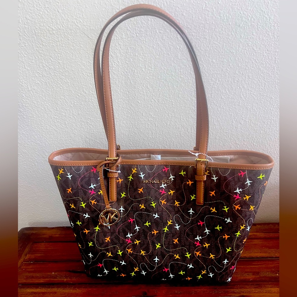Micheal Kors Jet Set Brown Multi Color Airplane Print Carryall Tote